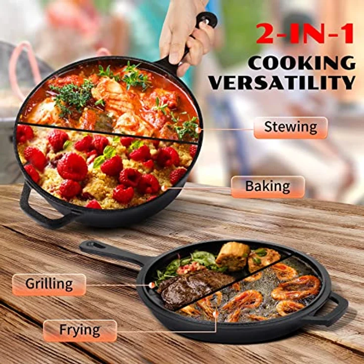 Overmont 2 in 1 Gusseisen Topf Dutch Oven mit Pfannendeckel 3I Gusseisentopf + 1,4I Pfannendeckel einsatzfertig eingebrannt mit Langem Griff für Küche Camping Garten BBQ Backen Modell: OV009 – Bild 3
