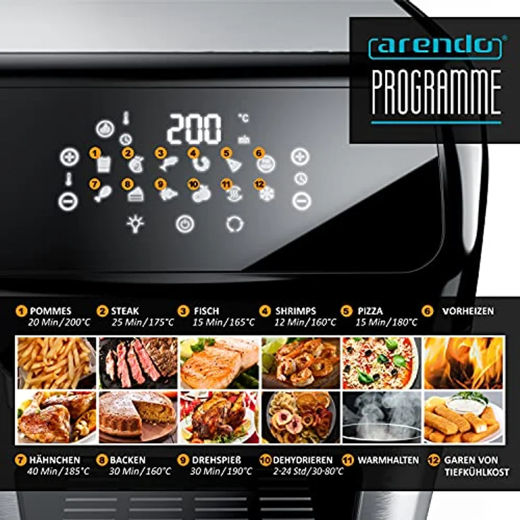 Arendo - Heißluftfritteuse 12 Liter - Multifunktions Mini Backofen - Air Fryer Fritteuse Drehgrill Dörrautomat - Umluft - Pizza Hähnchen Pommes - Edelstahl Applikationen - BPA frei – Bild 4