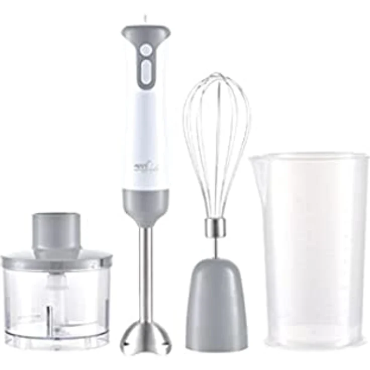Melchioni Mixxxo Trio Stabmixer 400 W, grau und weiß, mit 2 Geschwindigkeiten, abnehmbaren Stahlfuß, Edelstahlklingen und Zubehörset – Bild 1
