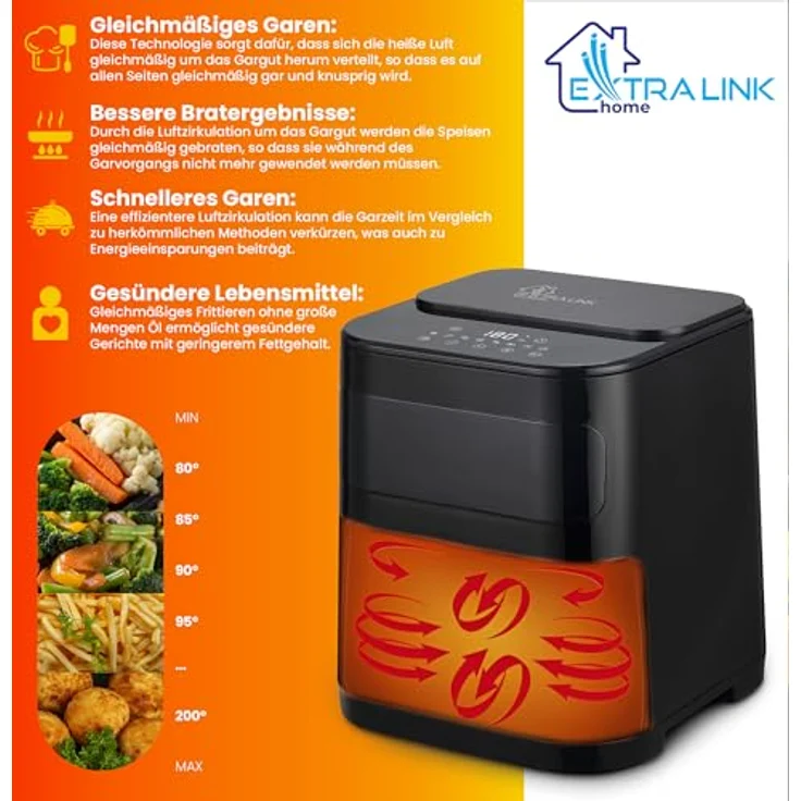 EXTRALINK Extralink 1600W Airfryer 5.2L - Heißluftfritteuse mit 7 Kochfunktionen, 80°C bis 200°C, LED-Touchscreen, Schwarz – Bild 4