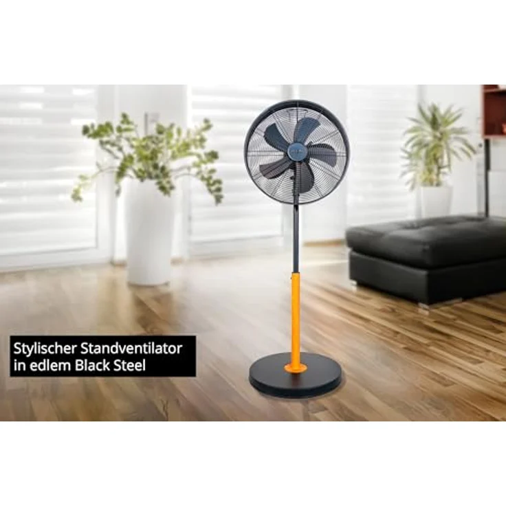 Unold 86725 Standventilator Black Steel, 50 W, 3-stufige Geschwindigkeitsregelung, verstellbarer Neigungswinkel, zuschaltbare Oszillation, Durchmesser ca. 44 cm, schwarz – Bild 2
