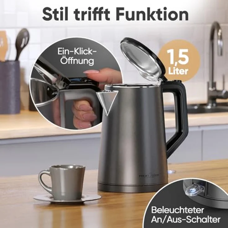 ProfiCook® Wasserkocher PC WK 1290, 1,5 Liter, 2200W, doppelwandiges Thermogehäuse, Einhandbedienung, matte Edelstahloberfläche, Graphit – Bild 4
