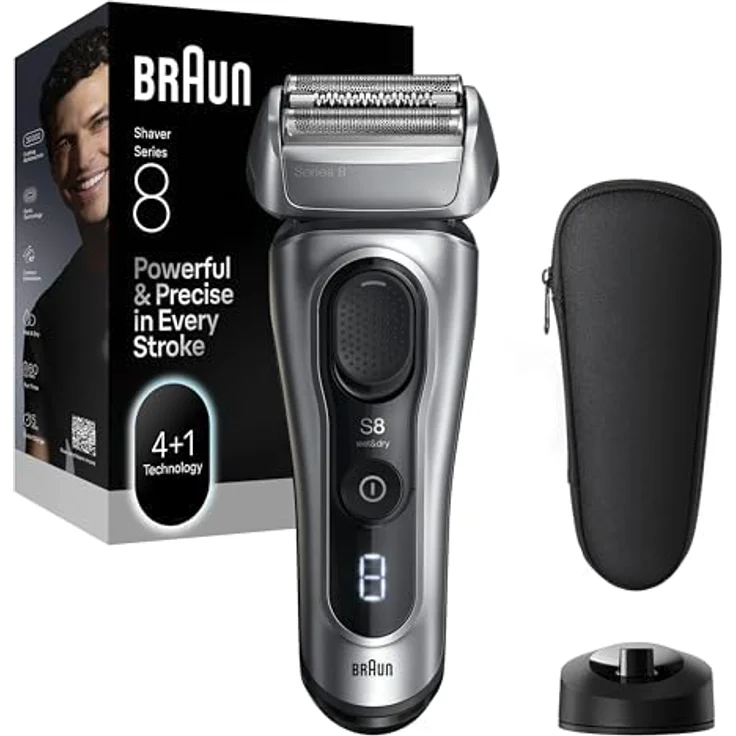 Braun Series 8, Elektrorasierer mit 4 Scherelementen, wasserfest, silber, inkl. Reiseetui und Ladeständer – Bild 1