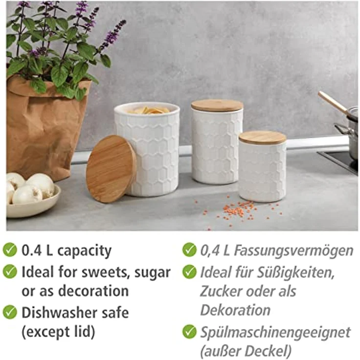 WENKO Aufbewahrungsdose Maya aus hochwertiger weißer Keramik mit Wabenstruktur, spülmaschinengeeignete Dose mit luftdicht verschließbarem Deckel aus Bambus, FSC® zertifiziert, 400 ml, Ø 9,5 x 12 cm – Bild 3