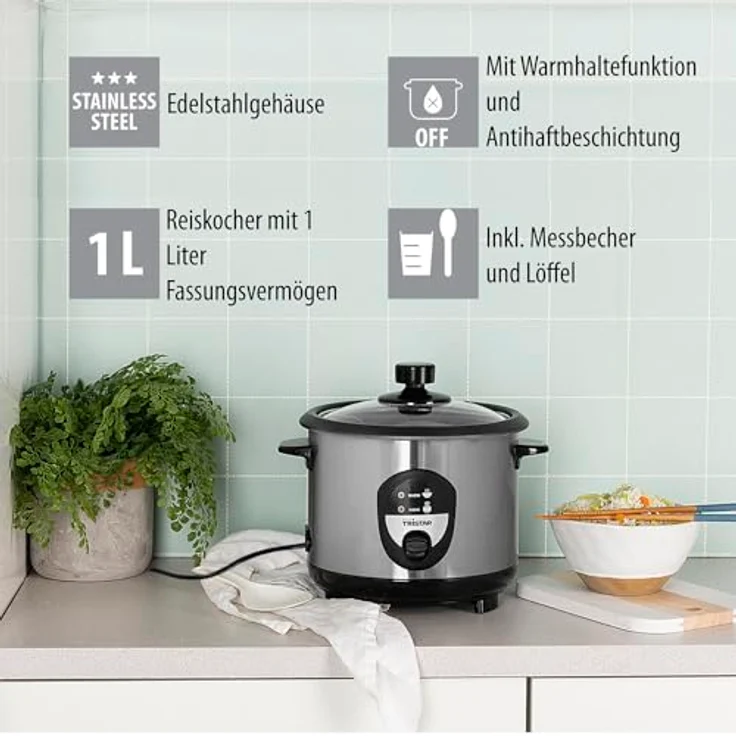 Tristar Reiskocher, 400 W, Sushi Reis Kochautomat & Gemüse-Dampfgarer, Edelstahldesign – Bild 5