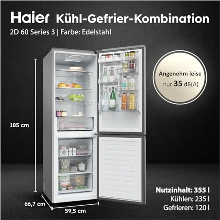 Haier HDPR1618CNPK Freistehende Kühl- und Gefrierkombination, 352 l, Edelstahl, Energieeffizienzklasse C, MultiAirflow-System – Bild 2