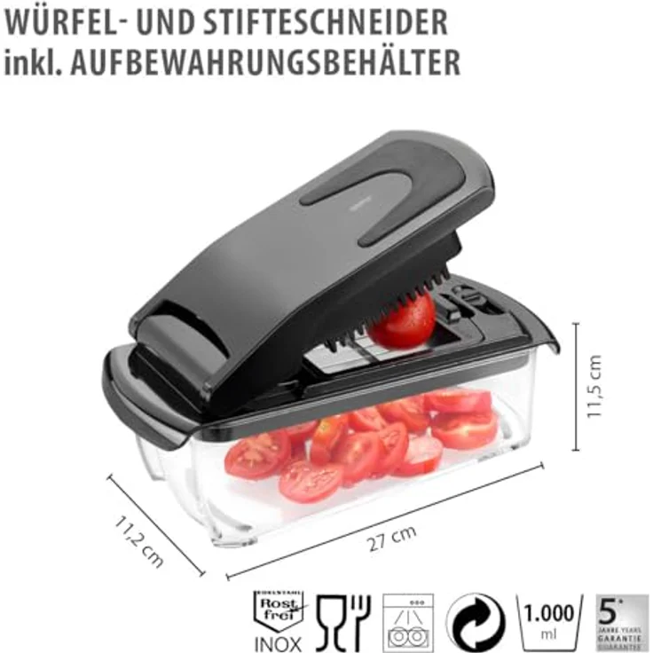 GEFU Würfel- und Stifteschneider mit Behälter, 3 Einsätze für Würfel, Stifte & Scheiben, Edelstahlklingen, 1000 ml, spülmaschinenfest, Antirutsch – Bild 2