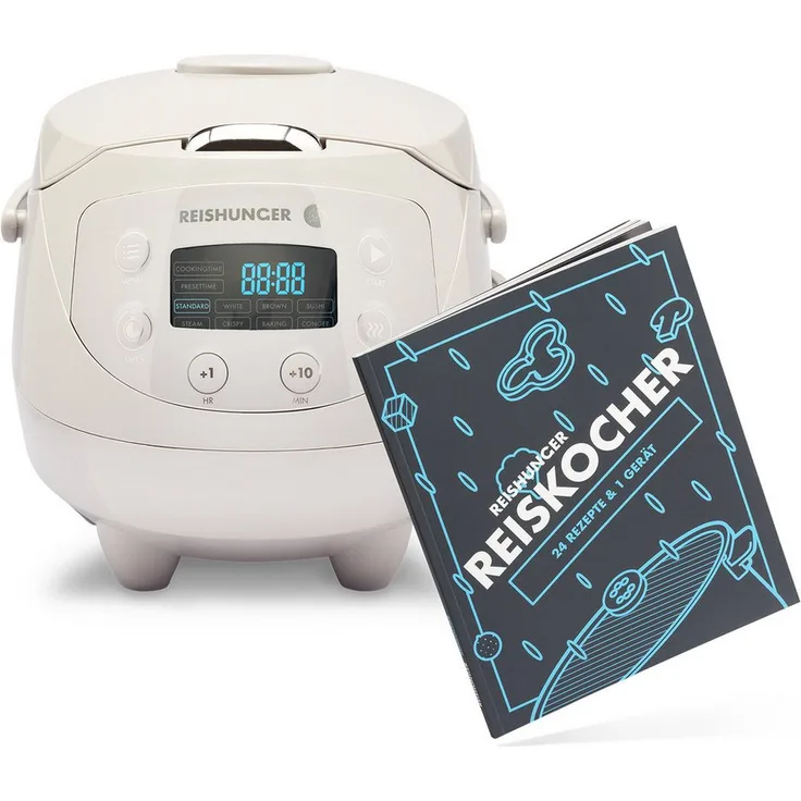 Reishunger Digitaler Mini Reiskocher Bundle, 0,6 L, 350 W, Dämpfeinsatz, Timer- und Warmhaltefunktion, 7-Phasen-Kochtechnologie