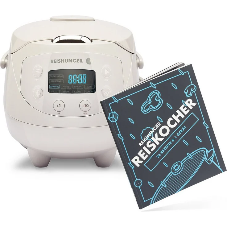 Reishunger Digitaler Mini Reiskocher Bundle, 0,6 L, 350 W, Dämpfeinsatz, Timer- und Warmhaltefunktion, 7-Phasen-Kochtechnologie