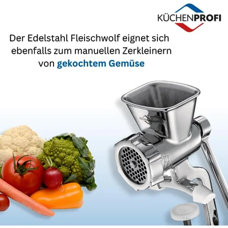 Küchenprofi SOLIDO Edelstahl Fleischwolf manuell, inkl. 3 Lochscheiben u. Spritzgebäckvorsatz, zum Zerkleinern von Fleisch, als Gebäckpresse für Spritzgebäck u.m., ​mit extra großer Tischklemme – Bild 3