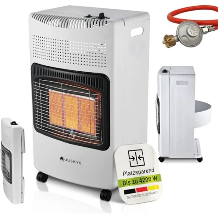 Juskys Keramik Gasheizung GS42US, mobile Infrarot Gasheizung in Weiß mit 4200 W, Druckregler & Schlauch, effizient & energiesparend, geeignet für Balkon und Terrasse – Bild 1