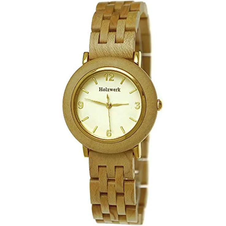 Holzwerk Germany Handgefertigte Designer Damen-Uhr Braun Gold Grün Rot Buche Holz Armband-Uhr Analog Quarz-Uhr