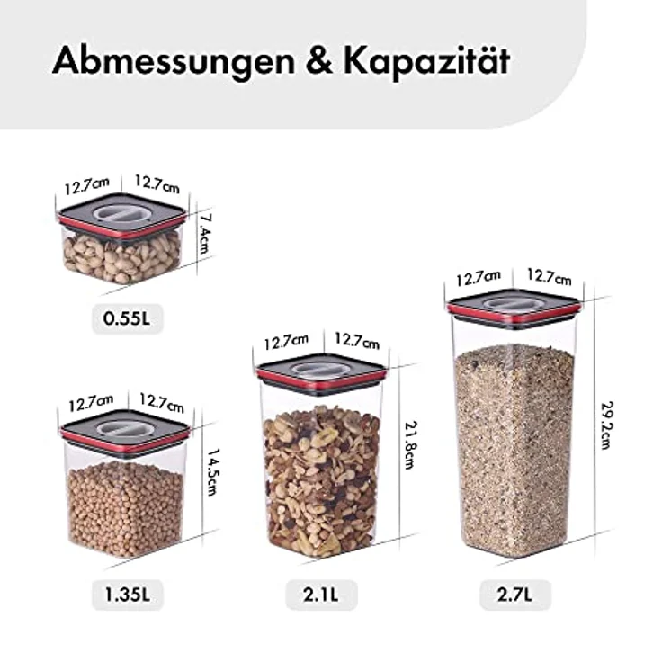 Neoflam® Vorratsdosen mit Deckel luftdicht & Einhanddrehverschluss | BPA frei | Vorratsboxen Küche | 4-teiliges Set schwarz/rot - je 0.55L, 1.35L, 1L, 2.7L – Bild 2