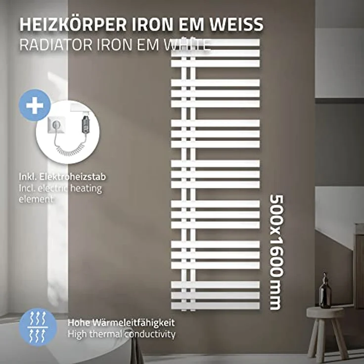 ECD Germany Design Badheizkörper Iron EM Elektrisch 1200W - 500 x 1600 mm - Weiß - Handtuchwärmer und Handtuchtrockner – Bild 3