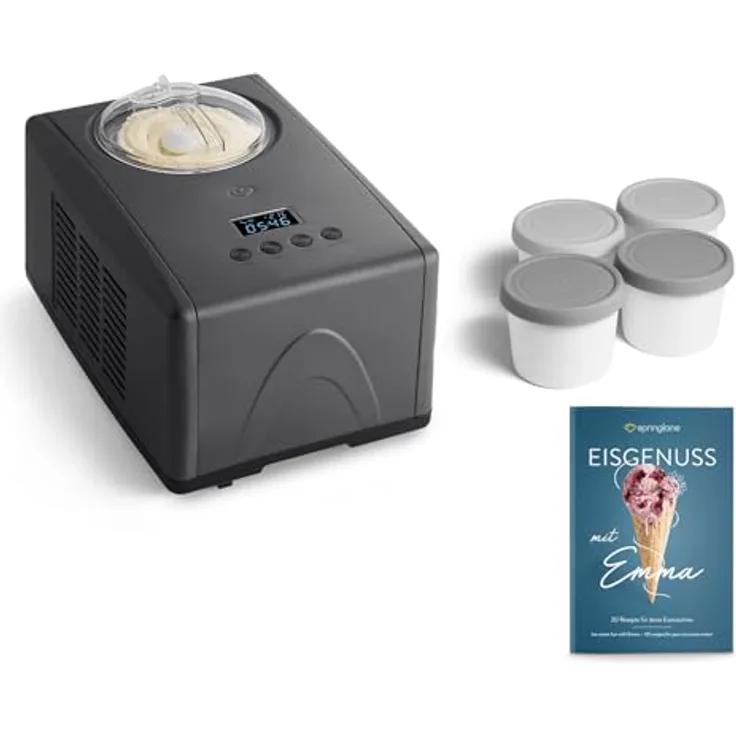 Springlane Kitchen Eismaschine Emma 1,5 L mit selbstkühlendem Kompressor 150 W, aus Edelstahl, inkl. Rezeptheft (Anthrazit, Emma Anthrazit + 4 Eisbehälter Mini Grau)