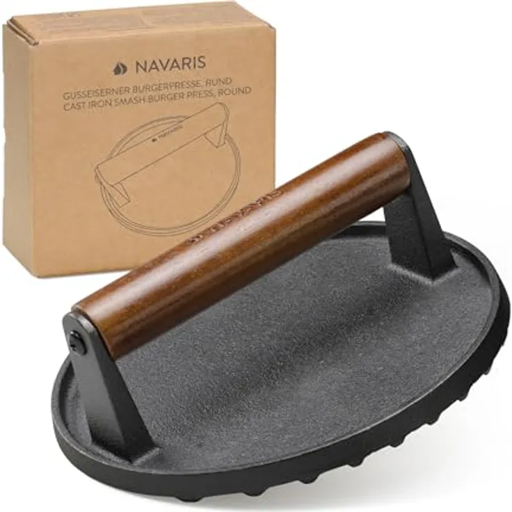 Navaris Smashed Burger Presse - Burgerpresse Gusseisen - Burger gesund und schmackhaft zubereiten - Grillpresse - Fleischbeschwerer - 17,5 x 17,5 cm - Rundes Gusseisen