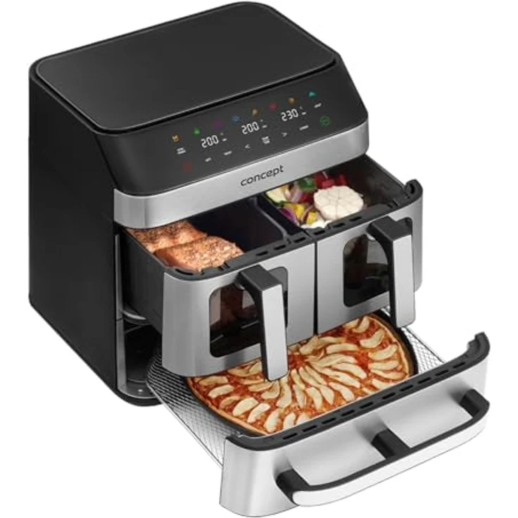 Concept FR9000 PIZZA TRIO, Heißluftfritteuse mit 2700 W, 18,5 l Volumen, synchronisiertes Garen, 8 Programme, Edelstahl/Schwarz – Bild 6