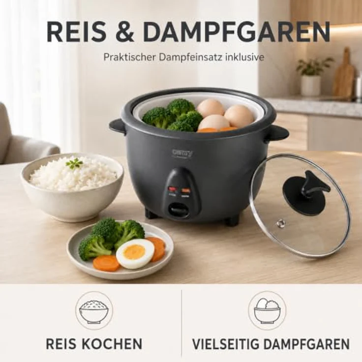 Camry CR 6419g Reiskocher grau, 1L, 400W, mit Koch- und Warmhaltemodus, Antihaft-Innenbehälter und Glasdeckel – Bild 6
