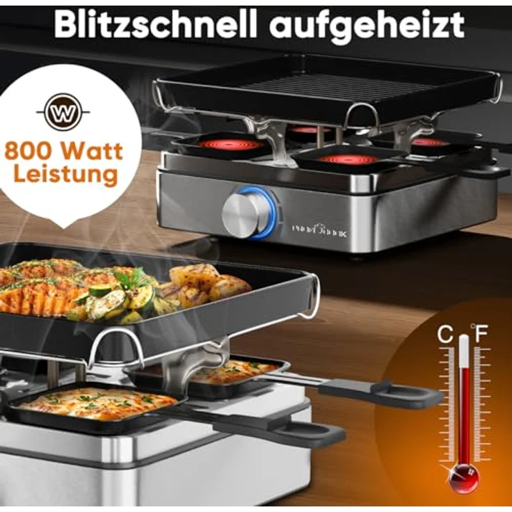 ProfiCook® Raclette PC RG 1301, Raclette-Grill für 4 Personen mit 4 Pfännchen, Wendegussplatte, stufenlos regelbarem Thermostat und 800 Watt Leistung – Bild 4