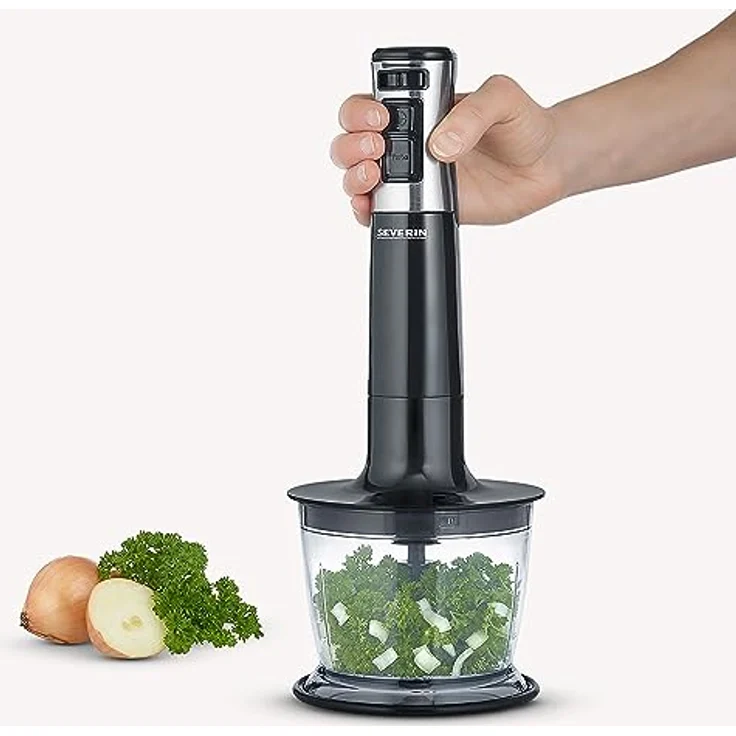 Severin 3772 Stabmixer 600W, Mixstab mit stufenloser Geschwindigkeitseinstellung, abnehmbarer Pürierstab, inkl. Schneebesen, Mixbehälter, Universalzerkleinere, Edelstahl (gebürstet), Schwarz – Bild 3