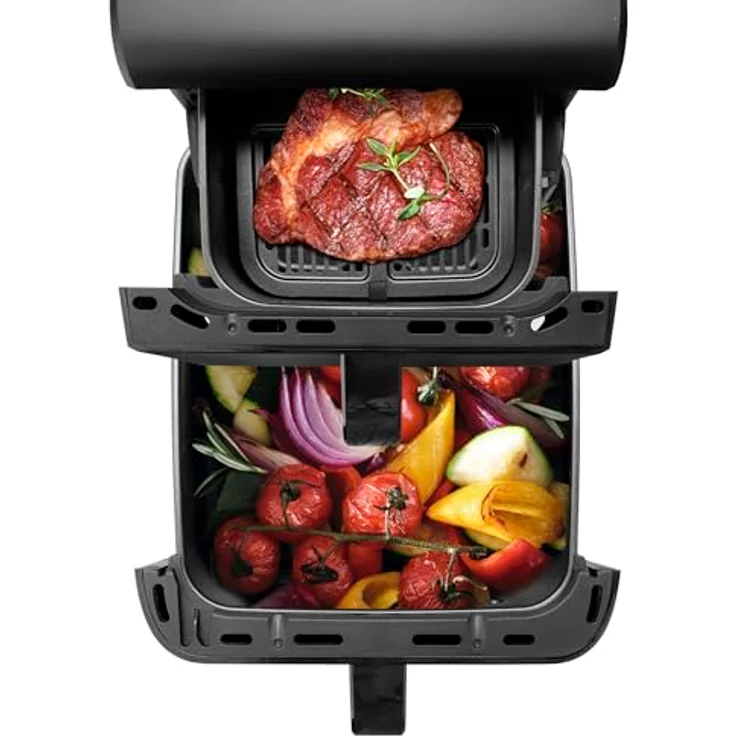 EMERIO Dual Zone Heißluftfritteuse XXL AF-133542, 10L Smart Fryer mit 2 Kammern (3,5L oben & 6,5L unten), Digitales Touch-Display, SYNC-Funktion, 10 Programme, Frittieren ohne Öl – Bild 4