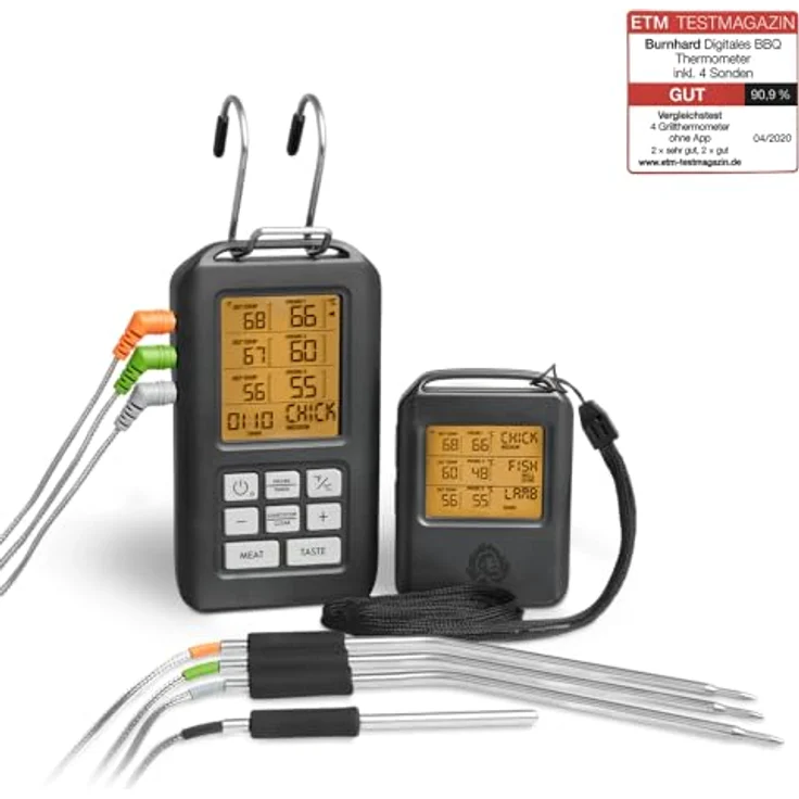 BURNHARD Funk Grillthermometer mit 4 Temperaturfühlern, 30m Reichweite, Digital Braten-Thermometer für Grill & Backofen, Timer, BBQ Thermometer, Grillzubehör für Fleisch & Fisch – Bild 2