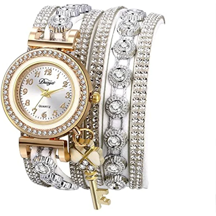 JewelryWe Armbanduhr Damen Böhmisch Retro mit Strass, Glitzer und geflochtenem Lederarmband, Analog Quarz, Weiß, inkl. Kleeblatt Schlüssel Anhänger – Bild 1