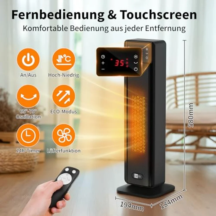 aeco EcoHeat Boost 58cm, Heizlüfter mit Fernbedienung, 2000W PTC-Keramik, 75° Oszillation, 4 Betriebsmodi, Überhitzungs- und Kippschutz – Bild 2