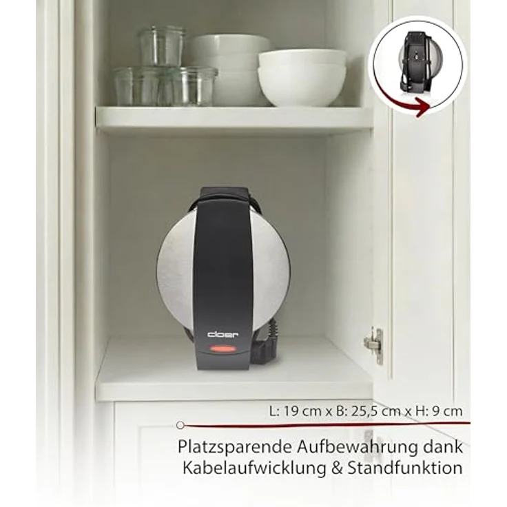 Cloer 1699 Amerikanisches Waffeleisen, runde Waffel 15,5 cm Durchmesser, Antihaftbeschichtung, fest eingestellter Bräunungsgrad, Edelstahl, 930 W – Bild 5