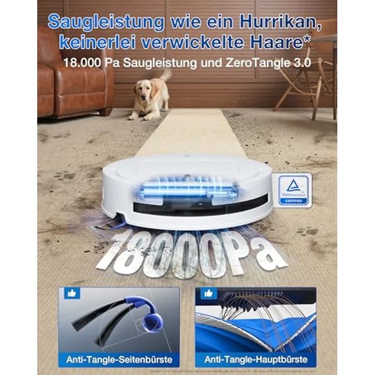 ECOVACS DEEBOT T80 OMNI Saugroboter mit Wischfunktion, 18.000 Pa Saugkraft, OZMO ROLLER mit Selbstreinigung, ZeroTangle 3.0, Weiß – Bild 3