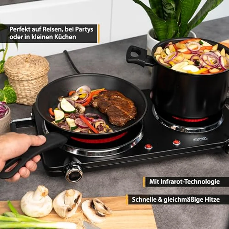 TZS First Austria Infrarot Keramik-Herdplatte doppelt | ALLE Topfarten | Doppelkochplatte 22cm / 16,5cm | Kochfeld für Umzug, Camping, Ferienwohnung - schnelles Aufheizen & stufenlose Einstellung – Bild 2