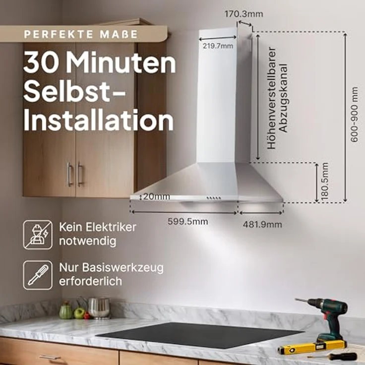 LEVIVO Dunstabzugshaube 60cm A+++ mit 410 m³/h, Umluft & Abluft, 2 Aktivkohlefilter, 2 Fettfilter, Wandhaube, 3 Stufen, Edelstahl – Bild 7