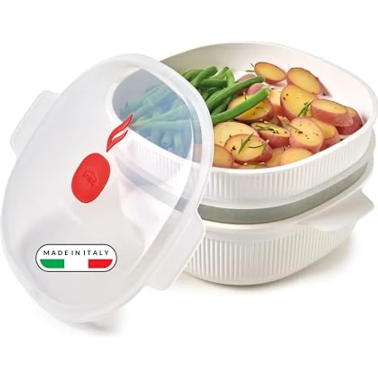 Snips Dampfgarer für Mikrowelle Weiß, 4L, Spülmaschinenfester Mikrowellenbehälter mit 2 Tabletts, schnelle Zubereitung, 26.5x22x13.5 cm, Made in Italy