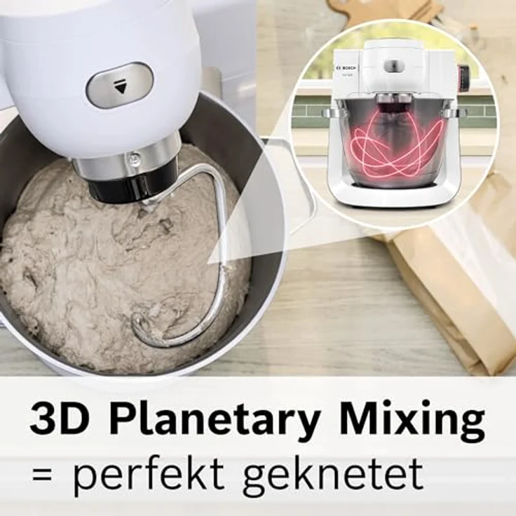 Bosch Küchenmaschine Serie 6 MUMS6EW13D, NEU, 7 Geschwindigkeitsstufen, 5,5l Schüssel, Durchlaufschnitzler, 3 Scheiben, Knethaken, Rührbesen, Silikonbesen, spülmaschinenfest, 1.600 W, silber/weiß – Bild 4