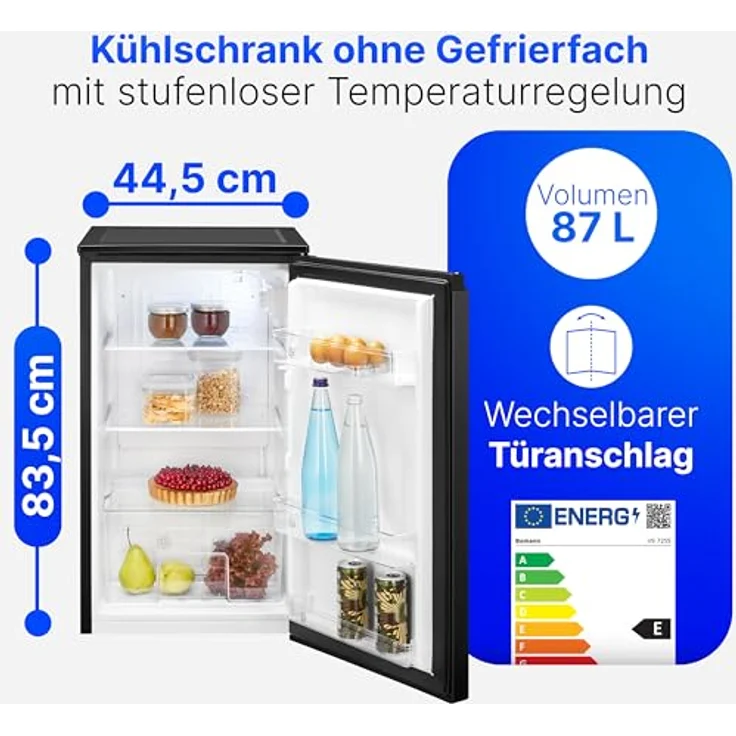 Bomann® VS 7255, Kühlschrank ohne Gefrierfach, 87 Liter Nutzinhalt, 3 Ablagen, leise, Türanschlag wechselbar, schwarz, 84 cm – Bild 2