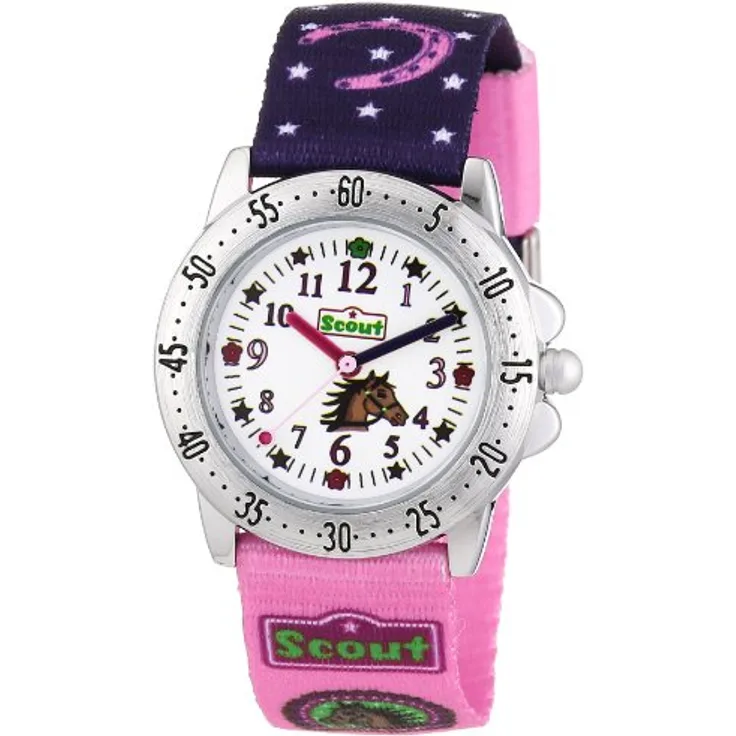 Scout Mädchen-Armbanduhr Analog Quarz Textil 280378065, Lucky Horse Motiv, waschmaschinenfest, 5 Bar wasserdicht, polierter Edelstahl