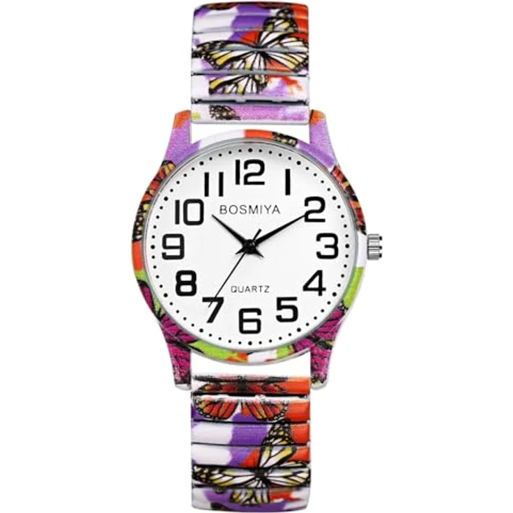 JewelryWe Boho Damenuhr, Elastische Uhr im Schmetterlingsdesign mit Edelstahl Zugarmband und großen arabischen Ziffern, Analog Quarzwerk, lilafarben – Bild 1