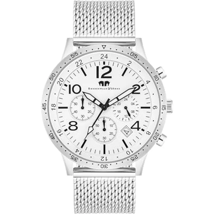 Rhodenwald & Söhne Herren Uhr 10010444, Analog Chronograph mit Quarzwerk und Edelstahl Armband, weißes Zifferblatt, wasserdicht 5 ATM, Durchmesser 43,8 mm