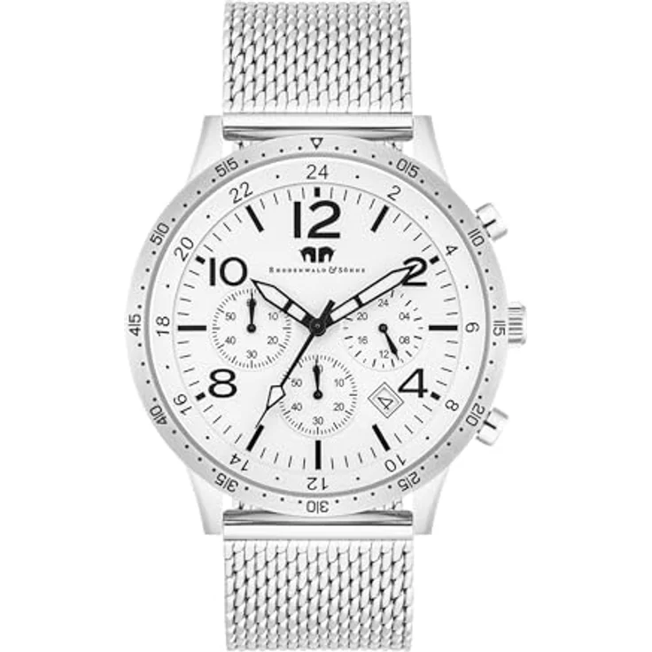 Rhodenwald & Söhne Herren Uhr 10010444, Analog Chronograph mit Quarzwerk und Edelstahl Armband, weißes Zifferblatt, wasserdicht 5 ATM, Durchmesser 43,8 mm – Bild 1