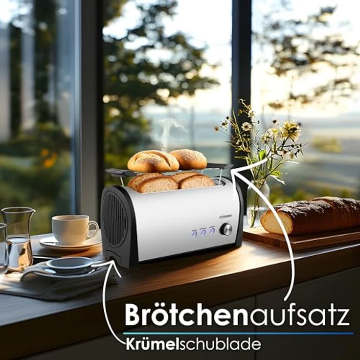 Steinborg XXL Langschlitztoaster 4 Scheiben, Edelstahl mit Brötchenaufsatz, blauer LED-Beleuchtung und automatischer Abschaltung – Bild 4