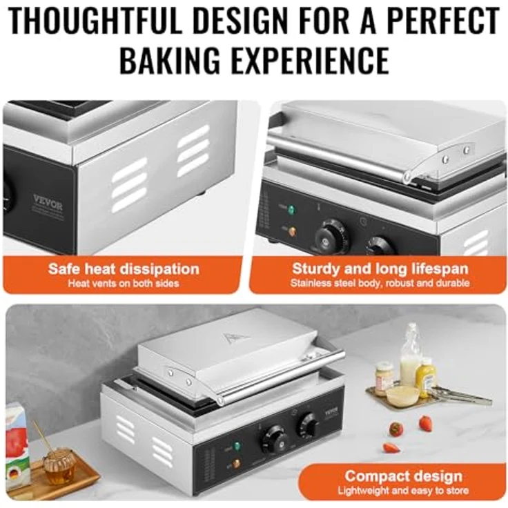VEVOR kommerzieller Waffeleisen Waffel Maker 6-teilig 1500 W, antihaftbeschichtetes Edelstahl-Waffeleisen für Mais-Hotdogs, mit Temperatur- und Zeitregelung - Für Restaurant Bäckerei Snackbar Familie – Bild 5