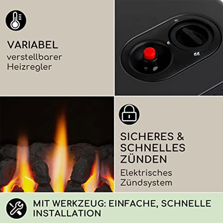 blumfeldt Andora Flame Gasheizofen - zwei Heizstufen mit 2 oder 3,4 kW, bis 11 kg Gasflaschen, Heizfläche: bis 68 m², inkl. Schlauch und Druckminderer, Feuerschein, elektrisches Zündsystem, schwarz – Bild 3