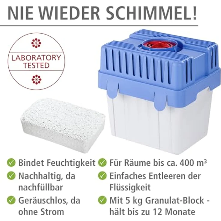 WENKO Feuchtigkeitskiller mit 5 kg Granulatblock, Raumentfeuchter, fasst bis zu 8 l Feuchtigkeit, laborgeprüft, nachfüllbar, reduziert Schimmel und Gerüche, Maße (BHT): 29 x 29 x 24 cm, grau-blau Luftentfeuchter – Bild 2