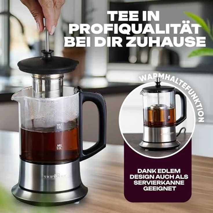 Profi Cook PC-TK 1165 1165-2 in 1-Tee-und Wasserkocher, Permanent Edelstahl-Teefilter (heb-und senkbar), 0,5 L Füllmenge, Warmhaltefunktion, Glas--Edelstahlgehäuse, Schwarz-Silber – Bild 3