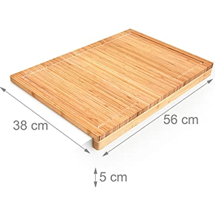 Relaxdays Schneidebrett aus Bambus H x B x T: ca. 5 x 56 x 38 cm Küchenbrett mit Saftrinne und Anschlagkante messerschonendes Bambusbrett als Servierbrett und Tranchierbrett Holzbrett massiv, natur – Bild 4