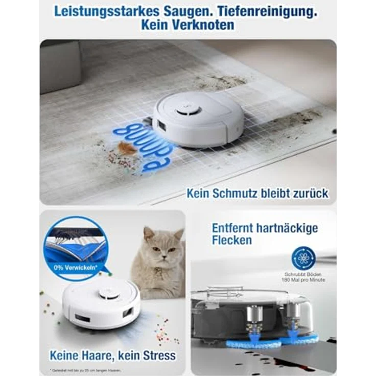 ECOVACS DEEBOT MINI Saugroboter mit Wischfunktion, 9.000 Pa Saugkraft, ZeroTangle 2.0, TrueMapping 2.0, 45 ℃ Heißlufttrocknung, intelligente Tiefenreinigung, Selbstreinigung, Blau – Bild 3