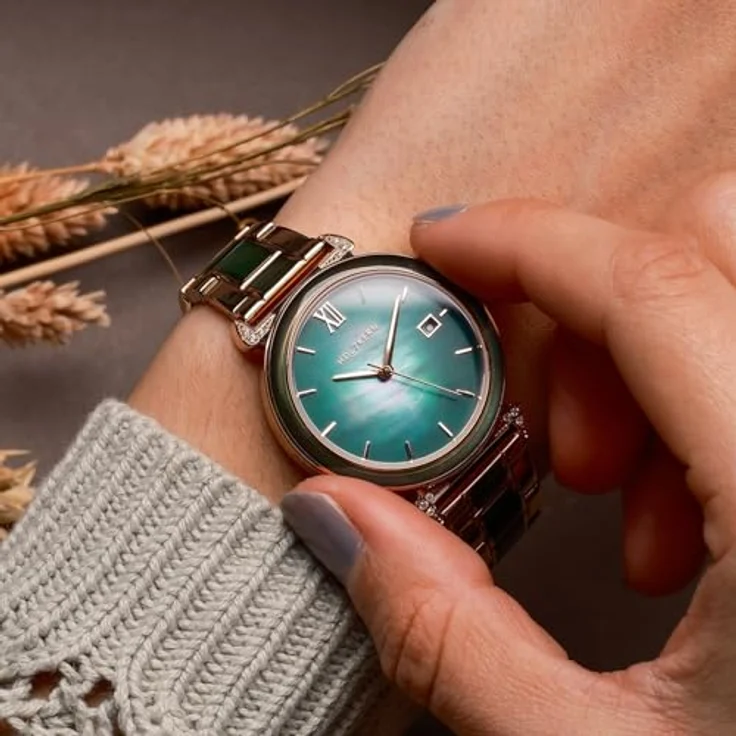 Holzkern Solaruhr Damen-Sunglister, Grünes Perlmutt/Roségoldfarben, Quarzwerk mit Solartechnologie, 34 mm Gehäuse, kratzunempfindliches Mineralglas, wasserdicht bis 5 bar – Bild 7