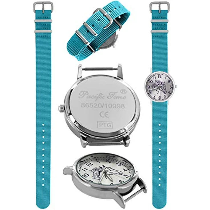 Pacific Time Mädchen Uhr Pferde, analoge Quarz-Armbanduhr mit leuchtenden Zeigern, hellblau, Textil Wechselarmband 10308 – Bild 3