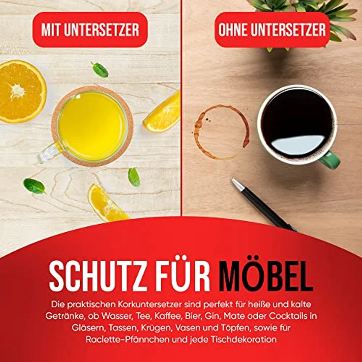 wortek Kork Untersetzer 10er Set - Korkuntersetzer rund 10cm Kork Untersetzer - Kork Tassen Untersetzer Gläser Kork - Glasuntersetzer Kork für Raclette, Tee, Kaffee, Cocktail - Korkdeckel rund – Bild 5