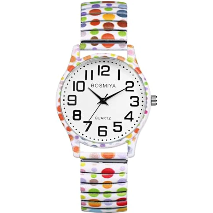 JewelryWe Damenuhr Boho Elastische Uhr, Analog Quarz mit bunten Polka Dots, Edelstahl Zugarmband, große Zahlen Zifferblatt, 10M wasserdicht – Bild 1